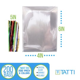 200 Pack Clear Cellophane Bags for Favors - Transparent Goodie for Birthday Party, 4x6 Inch with 5-Inch Twist Ties - Candy, Treat for Gift Giving