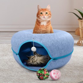 Okoco Cat Tunnel Bed for Indoor Cats - 24" Cat Cave, Large Cat Bed Cave for Pets up to 30lbs, Play Tunnel Toy for Pets with Hanging Ball Toy, 2-in-1 Round Cat Tube w/Removable Machine Washable Parts