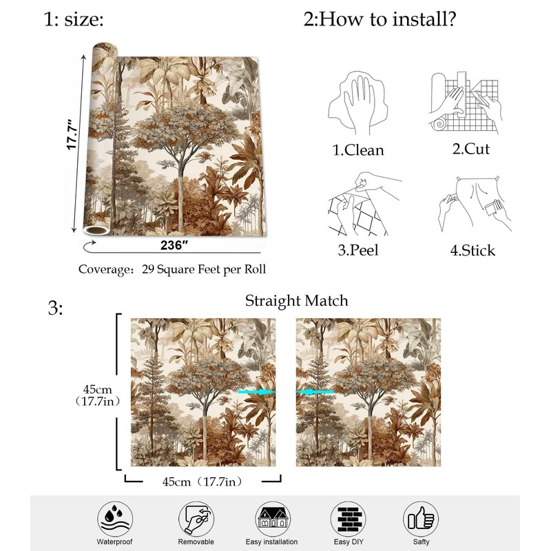 SuxiGlo Vintage Neutral Tropical Jungle Botanical Peel and Stick Wallpaper