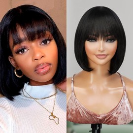 INSTANT FAB Short Bob Wigs Human Hair Wigs with China Bangs for Black Women Straight Bob with Bangs Human Hair Non Lace Front Wigs – Diamond (10 inch (Pack of 1), NATURAL BLACK)
