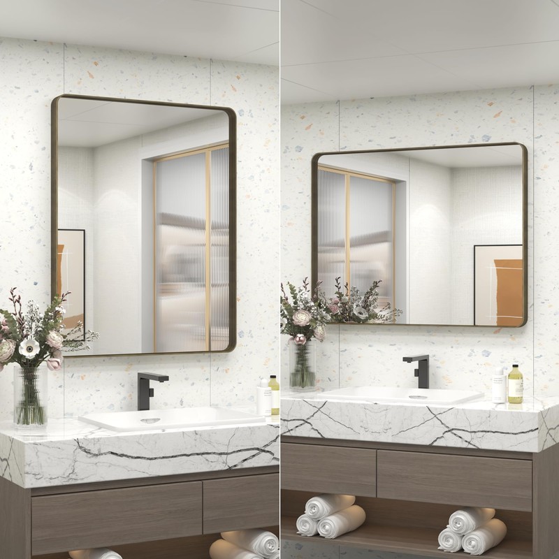 CHARMOR 22x30 Bronze Bathroom Wall Mirror, Brushed Metal Framed Vanity
