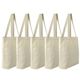 Faylapa 5 Pack Canvas Tote Bags,Heavy Duty Reusable Grocery Shopping Bag 12.2"x14.2" Blank Cotton Bags for Decorating Crafts DIY,Painting(Beige)