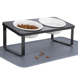 Elevated Whisker Friendly Cat Bowls, 15 Tilted Stand Anti Vomiting Raised Dishes for Food and Water,2 Ceramic Bowls for Cats and Puppy,Black