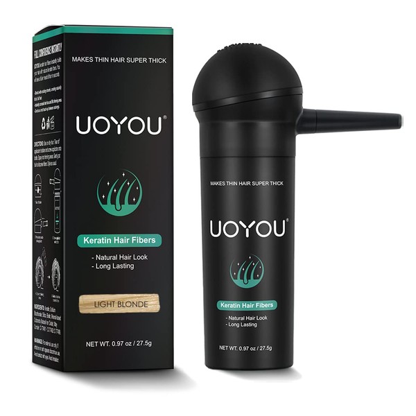 UOYOU Light Blonde Hair Fibres for Thinning Hair, 27.5g Bottle with Applicator | Natural Keratin Hair Fibres Concealer for Hair Loss for Men and Women | Hair Building Fibre Powder [Light Blonde]
