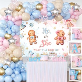 MEHOFOND Winter Gender Reveal Backdrop Banner, Christmas Gingerbread He or She What Will Baby Be Party Supplies, Pink or Blue Cookie Snowflake Xmas Boy or Girl Baby Shower Decorations 70.8x43.3Inch