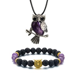 Softones Owl Necklace Healing Crystals Necklace for Women Men Reiki Spiritual Energy Gemstone Necklace Lava Owl Bracelet Set Gifts for Women with Gift Box