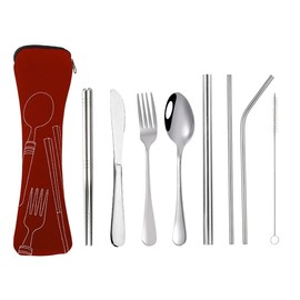 Hoshen Stainless Steel Knife, Fork, Spoon, Chopsticks, Straw Tableware, Eight-piece Set Of Western Tableware, Steak Knife And Fork Set, Noble Atmosphere, Light Luxury And Elegant Red Bag