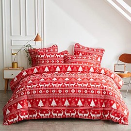 Uozzi Bedding Queen Duvet Cover Set Christmas Red Deer and White Snowflake Style 800 - TC Luxury Hypoallergenic 1 Microfiber Comforter Cover with 2 Pillow Shams for Holiday New Year Gift Choice