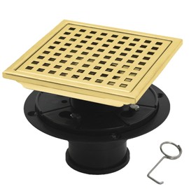 RUITHOE 6 Inch Square Shower Floor Drain with Flange, Quadrato Pattern Grate Removable, Food-Grade SUS 304 Stainless Steel, with Filter Anti-Drop Certified, Brushed Gold
