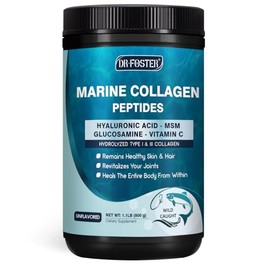 DRFOSTER Péptidos de colágeno marino en polvo con MSM + GC, colágeno multitipo I y III con ácido hialurónico, vitaminas C y E para piel, cabello y uña