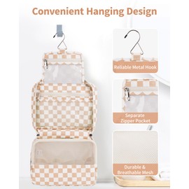 Narwey Checkered Hanging Travel Toiletry Bag for Women, Travel Bag for Toiletries, Makeup Bag Organizer Cosmetic Bags Make Up Bags for Girls (Brown Checkerboard)