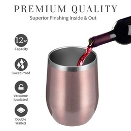 MEWAY - Copa para vino de 355 ml sin tallo y con tapa deslizante | De doble pared al vacío, de acero inoxidable | Se mantiene fría y caliente para vino, café, cócteles y bebidas | Perfecto para regalo