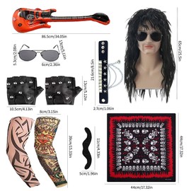 Rock Wig Men's Set of 80s Outfit Wig Men's Black, Punk Wig Men, Sunglasses, Moustache, Headscarves, Gloves, Tattooed Sleeves, Guitar, Bracelet Kit Fancy Dress Accessories, black