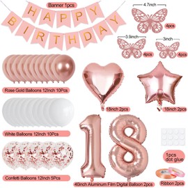 18th Birthday Decorations for Girls, Rose Gold 40 Inch Number 18 Foil Birthday Balloons with Happy Birthday Banner and Butterfly Stickers
