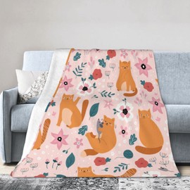 Cute Cat Throw Blanket Cozy Plush Orange Kitten Mouse Flannel Fleece Ultra Soft Blankets Unisex Lightweight Fuzzy Flower Party Blanket Gifts for Bed Couch Sofa Boys Girls 60"x50"