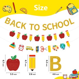 Arosche 3pcs Back to School Decorations Banner Pre-Assembled Gold Glitter Welcome Back to School Hanging Banners Pencil Apple Garlands Welcome Sign for First Day of School Classroom Party Decorations