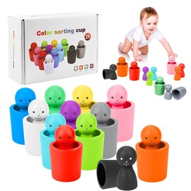 VFFNFF 12 PCS Wooden Colored Peg Dolls in Cups,Wooden Color Sorting Dolls Cups Toys for Kids, Toddler Color Sorting Toys Toddler Montessorie For Kids 3 Years Old