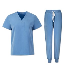PuriPure Scrubs for Women Set Nurse Uniform Scrubs 4 Way Stretch V-Neck Scrub Top & Jogger Pant with 6 Pockets Scrubs Set (Ceil Blue, X-Large)