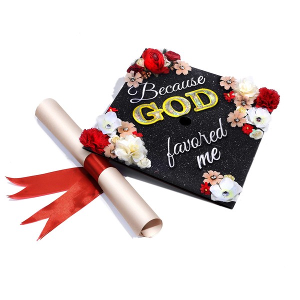 GradWYSE Handmade Graduation Cap Topper Graduation Gifts Graduation Cap Decorations, Because God Favored Me Black