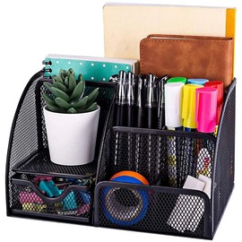 ISO TRADE Desk Organiser 6 Compartments Desk Pen Holder 1 Drawer for Office Items Mesh Black 15987