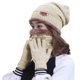 HINDAWI Slouchy Beanie Scarf Gloves Set for Women Winter Hat Warm Skull Cap Scarves Touch Screen Mittens