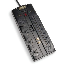 Tripp Lite 12 Outlet Surge Protector Power Strip, 8ft Cord, Right-Angle Plug, Tel/Modem/Coax/Ethernet Protection, RJ11, RJ45, & $250,000 INSURANCE (TLP1208SAT) Black