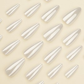 Long Acrylic Nails with White French Tip, Set of 24 pcs, concise style for work or dating, Almond shape,