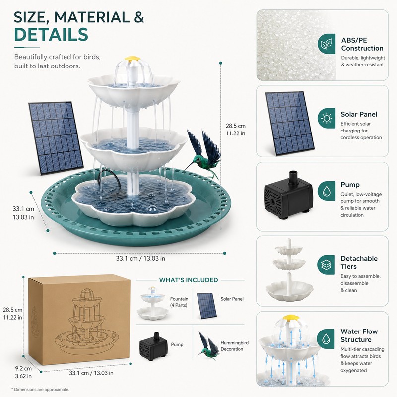 Solar Bird Bath Fountain for Garden Decor – Detachable 3-Tier