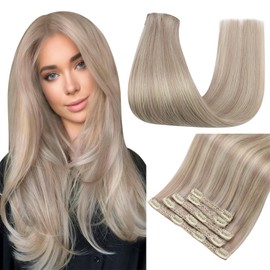 Easyouth Hair Extensions Clip in Real Hair Clip in Extensions Ash Blonde Highlight Clip in Hair Extensions Remy 14 Inch 5Pcs 70g Double Weft Clip in Human Hair Clip ins
