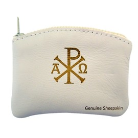 WJ Hirten Ava Maria and Chi Rho Cross Sheepskin Leather Rosary Case with Velvet Lining, White, 3 1/4 Inch
