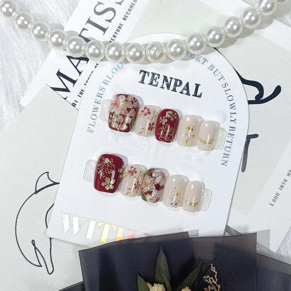 TENPAL New Year Red Nails Acrylic Press on Nails Short