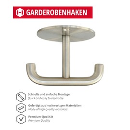 Gedotec Coat Hook Silver | 1 Piece | Ceiling Hook 60 x 60 mm | Lima | Design Coat Hook Rigid | Brushed Stainless Steel | Double Base Hook Modern | Double Hooks with Mounting Material