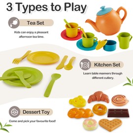AOLEVA Pretend Play Kitchen Accessories, Children Tea Set Toy, Play Cutlery Dishes Plates Set and Play Food Set Gifts for 3 4 5 Year Old Kids Boys Girls