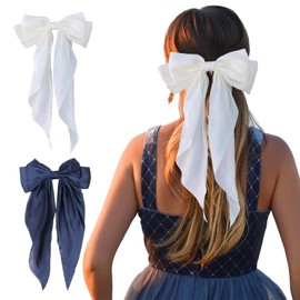 TRADERPLUS Haarspangen aus Satin, weich, seidig, große Haarklammern, langes französisches Band, für Mädchen und Frauen, 2 Stück (Weiß+Marineblau)