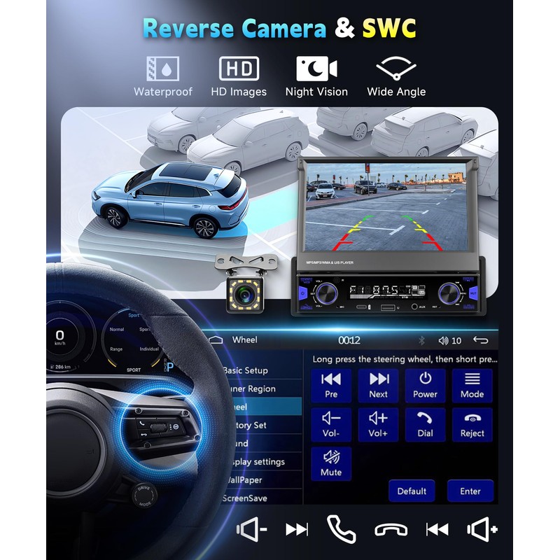 7 Inch Single DIN Flip Out Car Stereo with Wireless