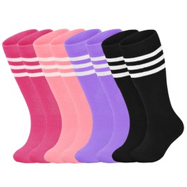 Sea Zaela 4 Pairs Kids Soccer Socks Toddler Soccer Socks Youth Athletic Socks Football Socks Toddler Knee High Socks Girls Boys Black+Purple+Pink+Deep Pink 3-6 T