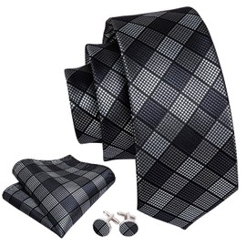 Barry.Wang Men Tie Set Plaid Black Grey Silk Necktie Pocket Square Cufflinks Formal Wedding Party Business