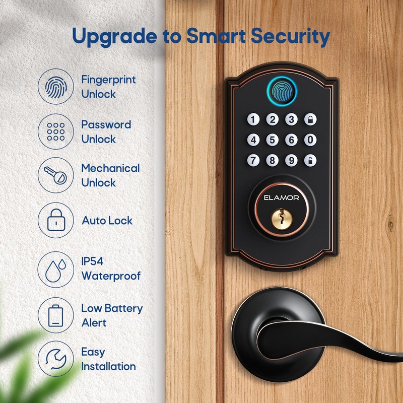 ELAMOR M19 Fingerprint Door Lock with 2 Lever Handles, Keyless