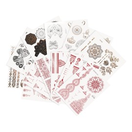 Temporary Tattoo Sticker Set - 12 Sheets of Henna Tattoos in Red, Gold & Black Gold, Waterproof & Skin-friendly, Ideal for Women & Girls, Festival, Party & Holiday
