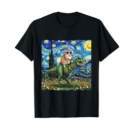 Cat Riding Dinosaur T-Rex Starry Night Van Gogh Cat Lover T-Shirt