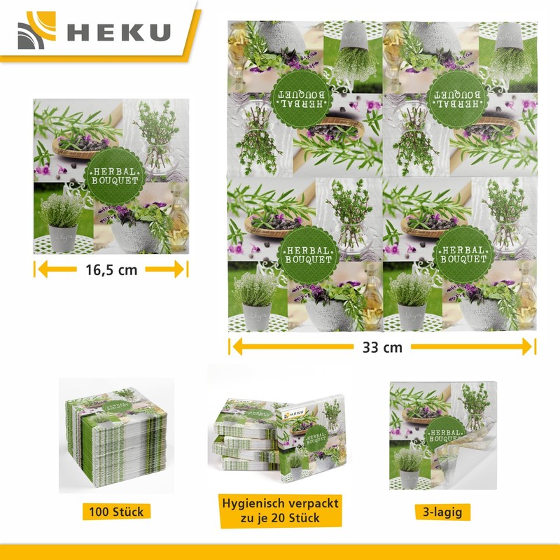 HEKU 100 napkins, 3-ply, 33 x 33 cm, herbs, absorbent