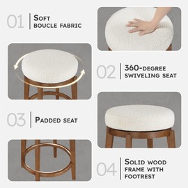 Lexicon Mid Century Swivel Counter Height Bar Stool, White Boucle Upholstered Seat & Solid Wood Frame, Backless, 360 Degree Swivel Stools Set of 2 for Kitchen Island and Home Bar Seating, Brown