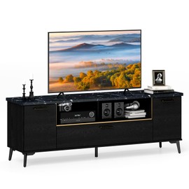 Giantex TV Stand for TVs up to 75", 63-Inch Mid Century Modern Entertainment Center with Flip Door Cabinet, Faux Marble Tabletop, Media Console Table for Living Room Bedroom, Black