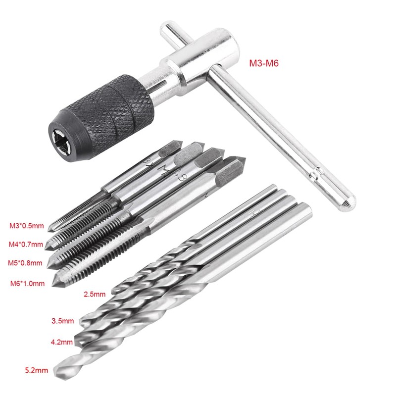 9PCS/Set Threading Tapping Tool Kit,M3x0.5/M4x0.7/M5x0.8/M6x1.0 Screw Taps T-Handle Tap Wrench