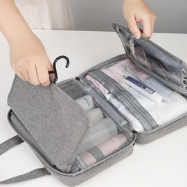HUSHAX 4 Fold Travel Hanging Toiletry Bag, Hanging Makeup Storage Bag, Waterproof Strap with 4 Compartments, Foldable Compact Size, Container Travel Accessories, Grey