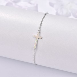 TANGPOET Cross Bracelet for Women 925 Sterling Silver Christian Crucifix Opal Bracelet Jewellery Birthday Gift for Women Girls Adjustable Bracelet, Sterling Silver