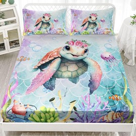Smell Sunshine Kids Marine Life Printed Sheet Set - 4 Pcs, Colorful Turtle Twin with 1 Flat Sheet, 1 Fitted Sheet + 2 Pillowcases