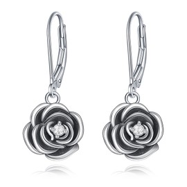 VONALA Rose Flower Earrings 925 Sterling Silver Oxidized Vintage Flower Leverback Earrings Dangle Drop Earrings Jewellery Gift for Women
