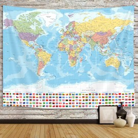 World Map Tapestry Wall Hanging, Map of The World with National Educational Wall Tapestries Room Decor, Boys Girls Kids Map Wall Tapestry for Bedroom Living Room Office Classroom (80X60")