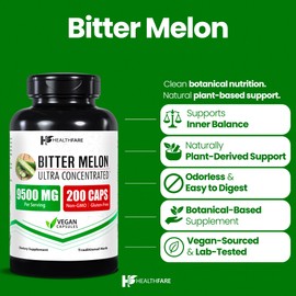 Healthfare Bitter Melon Capsules Extract 9500mg | 200 Vegan Pills | Standardized Extra Strength Herbal Supplement | Non-GMO, Gluten-Free | Made in USA